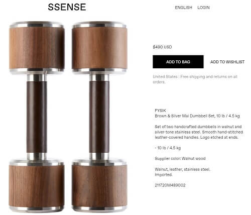 SSENSE dumbbells with prebuilt thicker bar, price a round $500